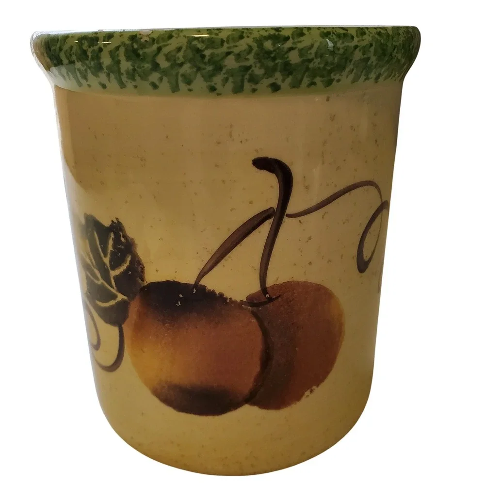 Ceramic Kitchen‎ Utensil Holder Crocks Decorative Fruit Design Green Rim